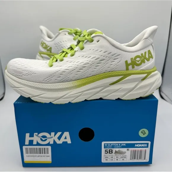 NWT Clifton 8 Hoka One One Running shoes brand new white lime green womens HJK​