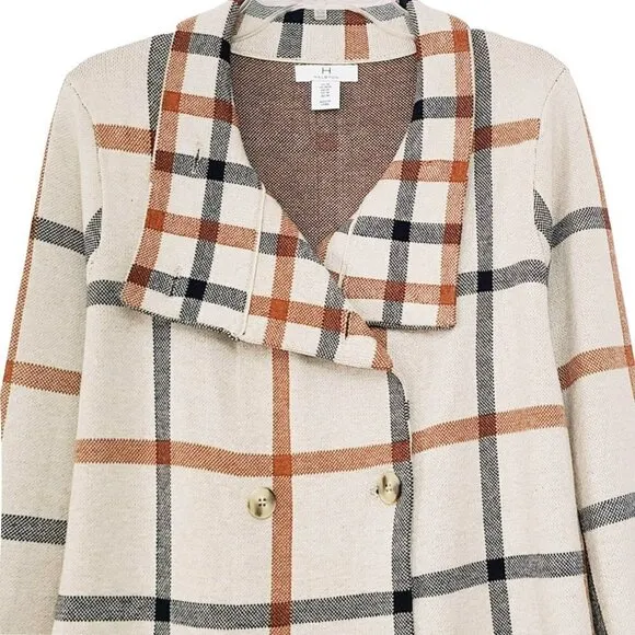 NWT H HALSTON Double Breasted Plaid Jacket Cardigan