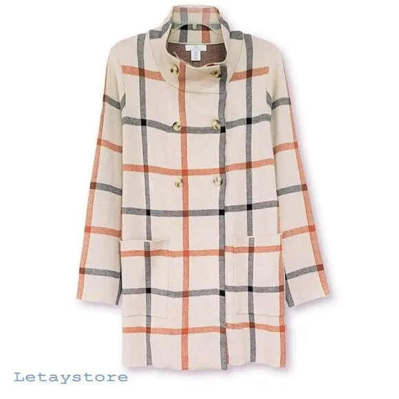 NWT H HALSTON Double Breasted Plaid Jacket Cardigan