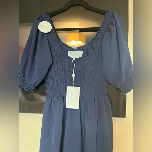 NWT Hill House Louisa Nap Smocked Puff Sleeve Midi Dress Navy Blue Crepe Size M