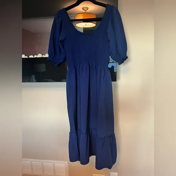 NWT Hill House Louisa Nap Smocked Puff Sleeve Midi Dress Navy Blue Crepe Size M