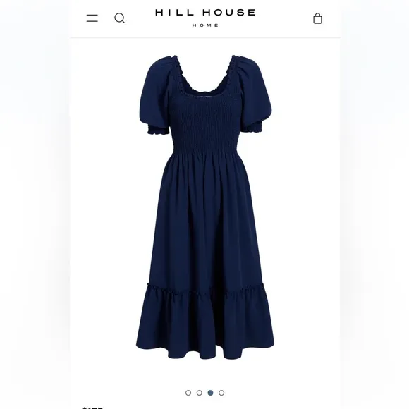 NWT Hill House Louisa Nap Smocked Puff Sleeve Midi Dress Navy Blue Crepe Size M