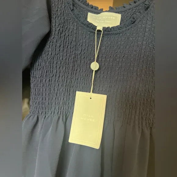 NWT Hill House Louisa Nap Smocked Puff Sleeve Midi Dress Navy Blue Crepe Size M