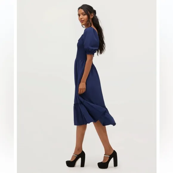 NWT Hill House Louisa Nap Smocked Puff Sleeve Midi Dress Navy Blue Crepe Size M