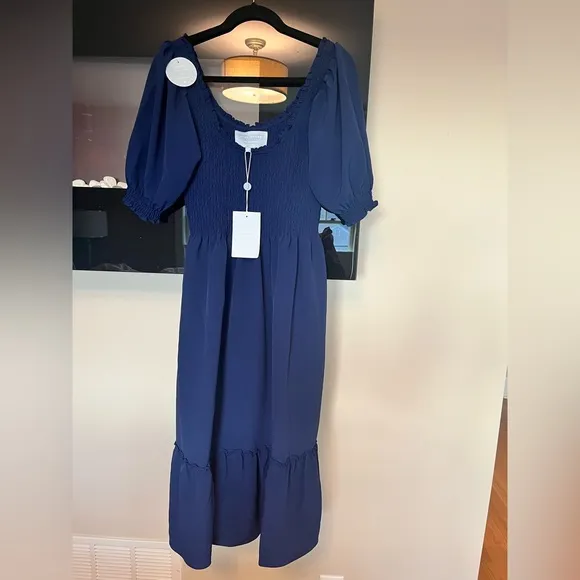 NWT Hill House Louisa Nap Smocked Puff Sleeve Midi Dress Navy Blue Crepe Size M