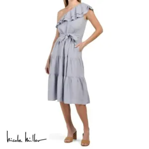 NWT Nicole Miller Asymmetrical One Shoulder Ruffle Trim Linen Tiered Midi Dress