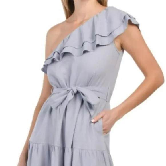 NWT Nicole Miller Asymmetrical One Shoulder Ruffle Trim Linen Tiered Midi Dress