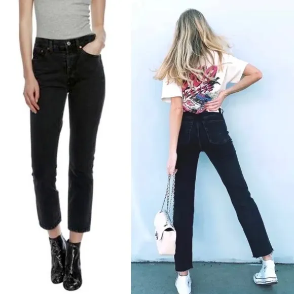 NWT RE/DONE 90s High Waist Faded Black Denim Ankle Cropped Slim Straight Jean 27