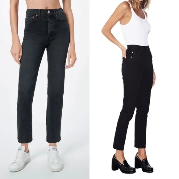 NWT RE/DONE 90s High Waist Faded Black Denim Ankle Cropped Slim Straight Jean 27