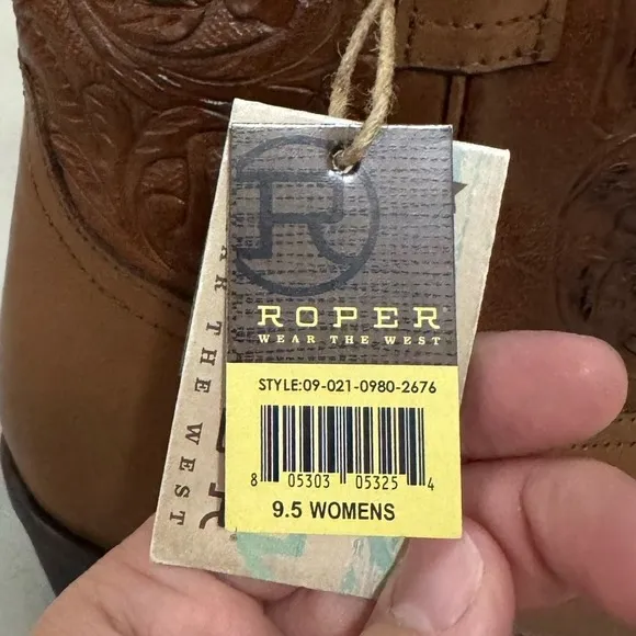 NWT Roper Dusty Tooled Snip Toe Western Leather Boots Floral Distress Womens 9.5