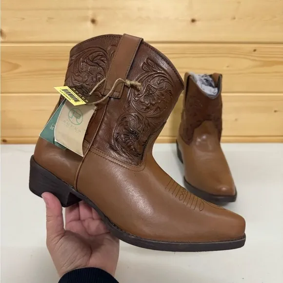 NWT Roper Dusty Tooled Snip Toe Western Leather Boots Floral Distress Womens 9.5