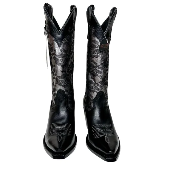 NWT Shyanne Blaire Western Boots Snip Toe Black Leather Silver Floral Lace SZ 6
