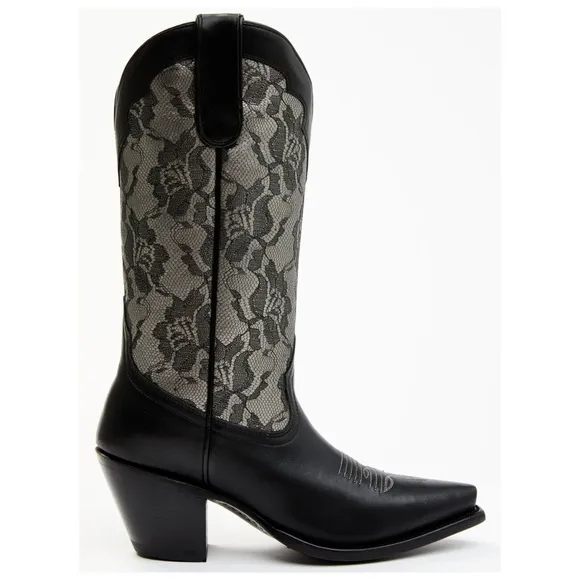 NWT Shyanne Blaire Western Boots Snip Toe Black Leather Silver Floral Lace SZ 6