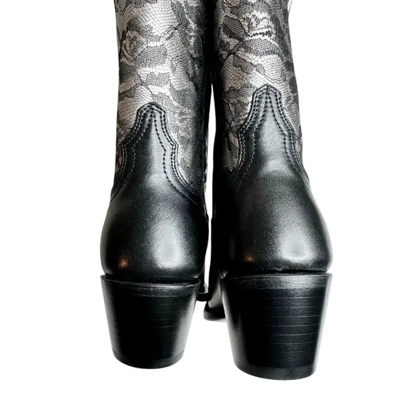 NWT Shyanne Blaire Western Boots Snip Toe Black Leather Silver Floral Lace SZ 6