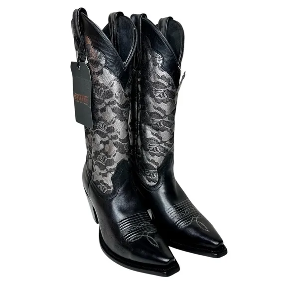 NWT Shyanne Blaire Western Boots Snip Toe Black Leather Silver Floral Lace SZ 6