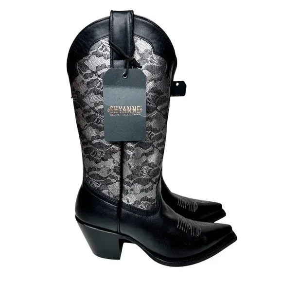NWT Shyanne Blaire Western Boots Snip Toe Black Leather Silver Floral Lace SZ 6