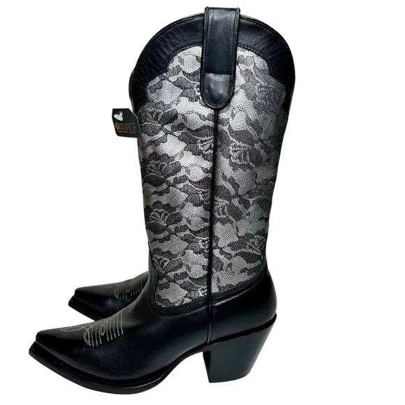 NWT Shyanne Blaire Western Boots Snip Toe Black Leather Silver Floral Lace SZ 6