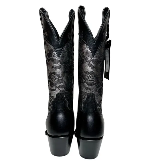 NWT Shyanne Blaire Western Boots Snip Toe Black Leather Silver Floral Lace SZ 6