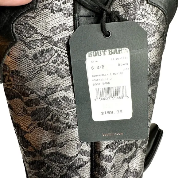 NWT Shyanne Blaire Western Boots Snip Toe Black Leather Silver Floral Lace SZ 6