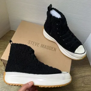 NWT Steve Madden Shaft-F Black Faux Fur High Top Platform Sneakers Size 8