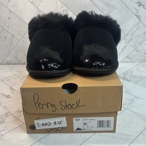 NWT UGG Womens Scuffette II Mirror Ball Black Sequin Sheepskin Wool Slipper 6M