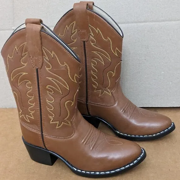 Old West Boys' Calfskin Western Boots - Round Toe Size 12.5D Brown