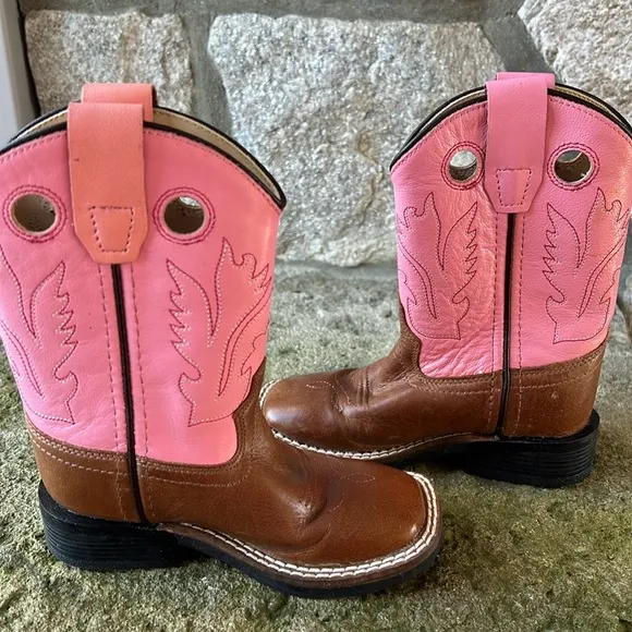 Old West Pink Girls Childrens  Carona Calf Leather Square Toe Cowgirl Boots