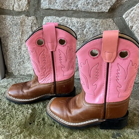 Old West Pink Girls Childrens  Carona Calf Leather Square Toe Cowgirl Boots