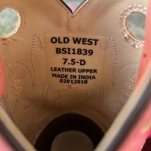 Old West Pink Girls Childrens  Carona Calf Leather Square Toe Cowgirl Boots