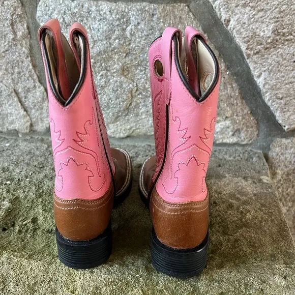 Old West Pink Girls Childrens  Carona Calf Leather Square Toe Cowgirl Boots