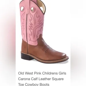 Old West Pink Girls Childrens  Carona Calf Leather Square Toe Cowgirl Boots