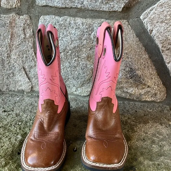 Old West Pink Girls Childrens  Carona Calf Leather Square Toe Cowgirl Boots