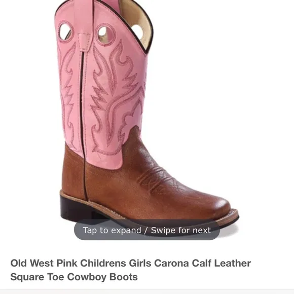 Old West Pink Girls Childrens  Carona Calf Leather Square Toe Cowgirl Boots