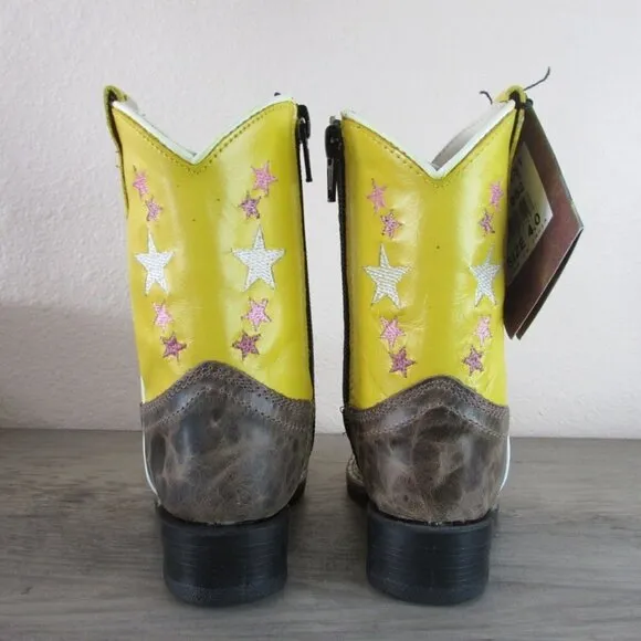 Old West Toddler Girl's Square Toe Star Print Western Boots Yellow BSI1962