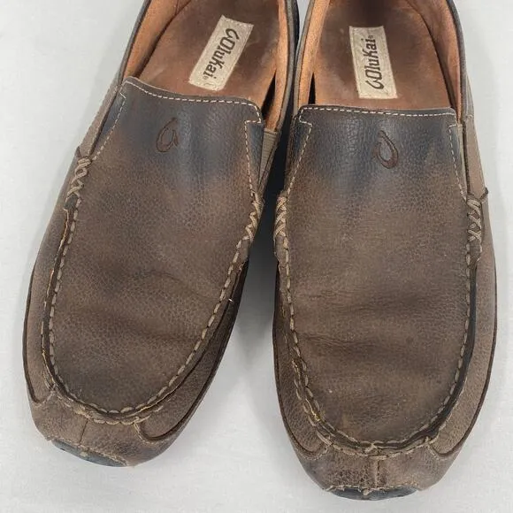 Olukai Brown Leather Akepa Men's Moccasin Slip On Shoes Size 9.5