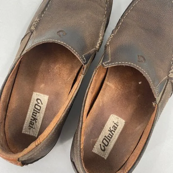 Olukai Brown Leather Akepa Men's Moccasin Slip On Shoes Size 9.5