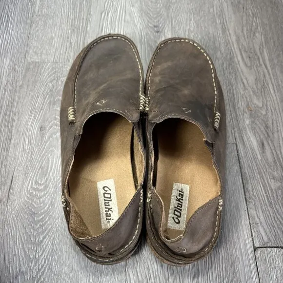 Olukai Mens US Sz 10 Moloa Brown Leather Slip On Loafer Shoes