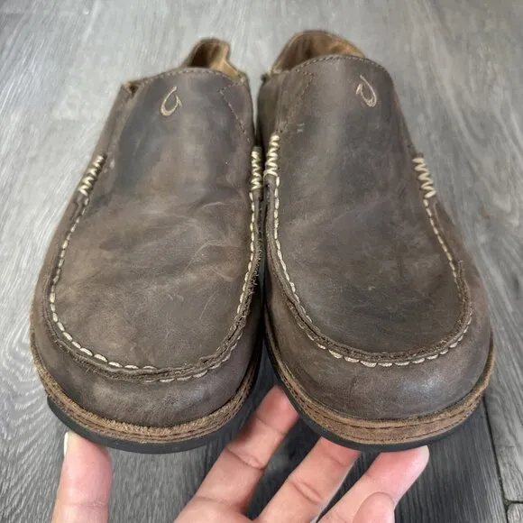 Olukai Mens US Sz 10 Moloa Brown Leather Slip On Loafer Shoes