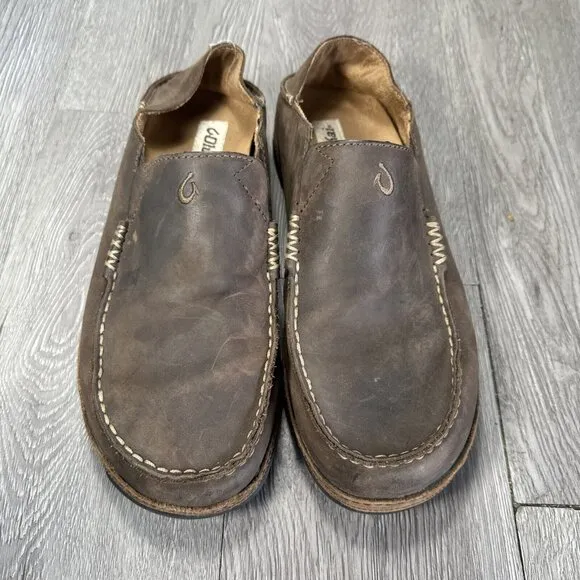 Olukai Mens US Sz 10 Moloa Brown Leather Slip On Loafer Shoes
