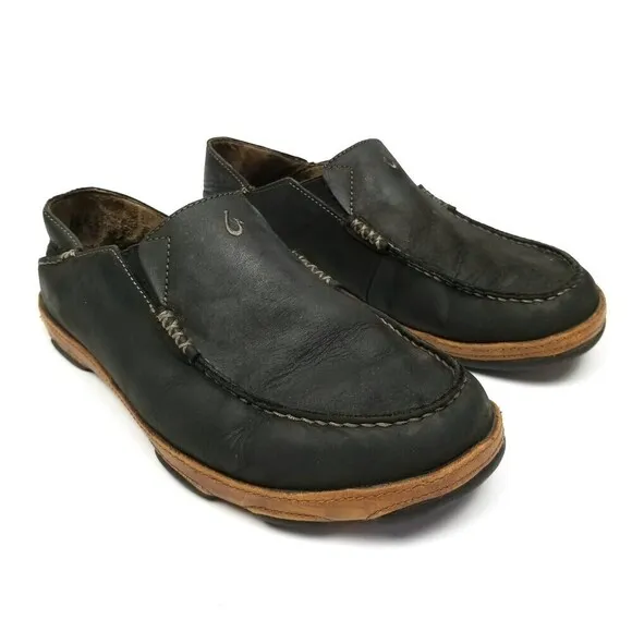 OluKai Moloa Convertible Drop In Nubuck Leather Slip On Shoes Men 10 Black Brown