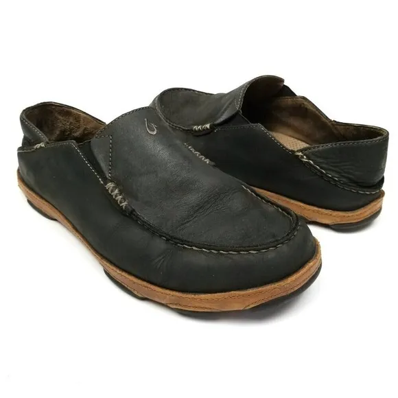 OluKai Moloa Convertible Drop In Nubuck Leather Slip On Shoes Men 10 Black Brown