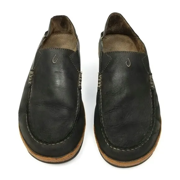 OluKai Moloa Convertible Drop In Nubuck Leather Slip On Shoes Men 10 Black Brown
