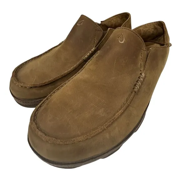 OLUKAI Moloa Men's Size 13 Leather Ray/Toffee Slip On Shoes 10128-2733