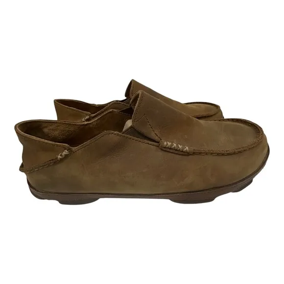 OLUKAI Moloa Men's Size 13 Leather Ray/Toffee Slip On Shoes 10128-2733