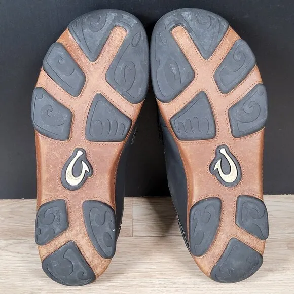 OluKai Moloa Shoes Mens Size 8.5 Black Brown Slip On Loafers Leather Slippers