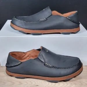 OluKai Moloa Shoes Mens Size 8.5 Black Brown Slip On Loafers Leather Slippers