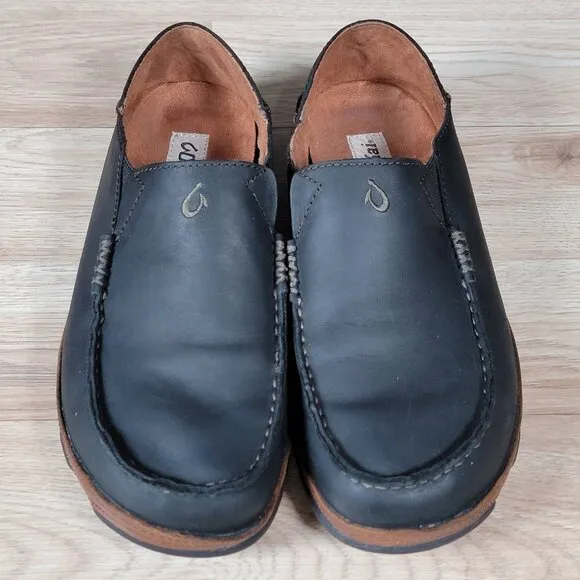 OluKai Moloa Shoes Mens Size 8.5 Black Brown Slip On Loafers Leather Slippers