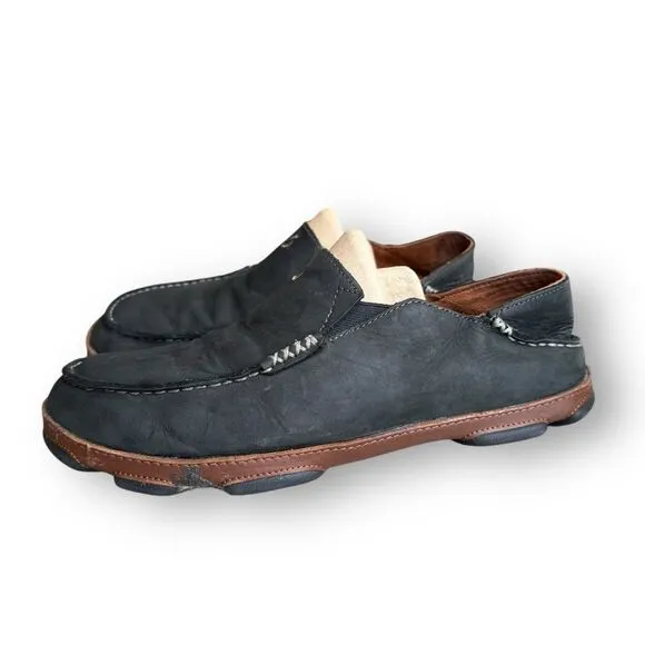 Olukai Moloa Slip on Black Leather Shoes Moc Toe Casual Comfort Men's size 8.5