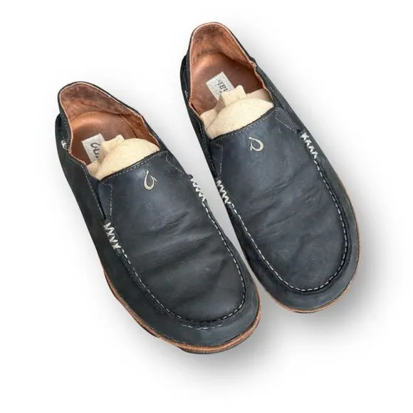 Olukai Moloa Slip on Black Leather Shoes Moc Toe Casual Comfort Men's size 8.5
