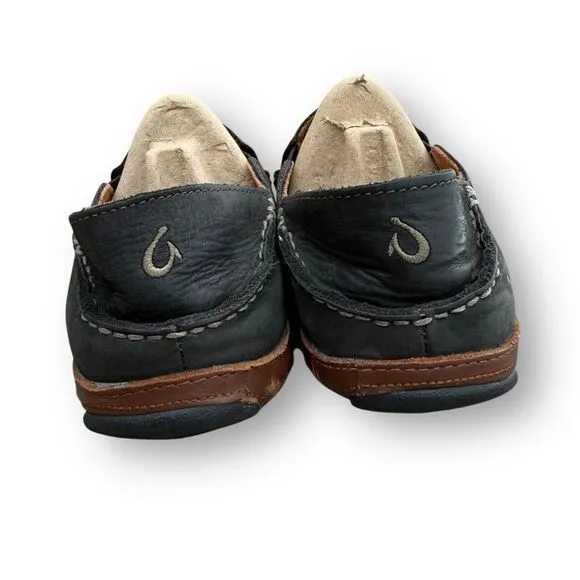Olukai Moloa Slip on Black Leather Shoes Moc Toe Casual Comfort Men's size 8.5